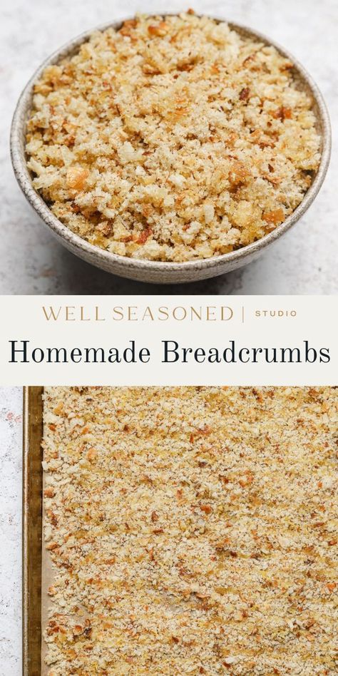 Homemade Breadcrumbs are the very best use for leftover bread and incredibly easy to make from scratch! They're crispy, they're crunchy, and you can use any type of bread you want. Store breadcrumbs in a fridge -- or freeze for later! -- to use with your favorite recipes, such as in meatballs, as a breading mixture for chicken or eggplant, or turned into a crunchy topping for pastas. DF #wellseasonedstudio #breadcrumbs #homemadebreadcrumbs Seasoned Bread Crumbs Recipe, How To Make Bread Crumbs Out Of Bread, What To Make With Bread Crumbs, What To Do With Bread Crumbs, Home Made Bread Crumbs Recipes, How To Make Bread Crumbs, Diy Bread Crumbs, Home Made Bread Crumbs, Making Breadcrumbs