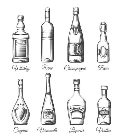 Bottle Drawing, Bottle Tattoo, Whisky Bottle, Alcohol Bottles, Liquor Bottles, Bottle Design, Drawing Tips, White Art, Future Tattoos