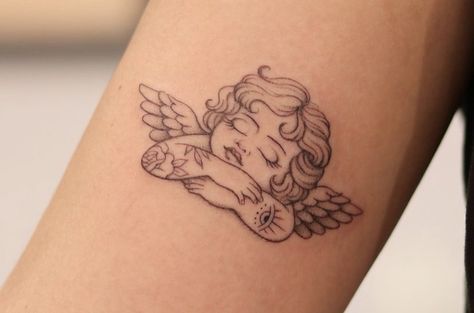 Angle Tattoo, Cupid Tattoo, Cherub Tattoo, Elbow Tattoos, Kawaii Tattoo, Angel Tattoo Designs, Jesus Love, Shoulder Tattoos For Women, Discreet Tattoos