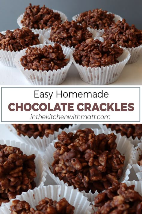 Several chocolate crackles in paper muffin cups on a white plate. Recipes Using Rice Krispies, Chocolate Crackles Recipe, Chocolate Rice Krispies, Chocolate Crackles, Rice Bubbles, Krispie Treats Recipe, Easy Treat, Homemade Sweets, Rice Crispy Treats