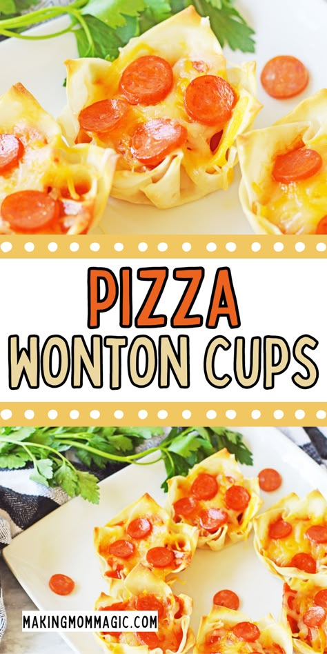 These easy Pizza Wonton Cups are so yummy, and make the perfect easy appetizer, after school snack, or even fun dinner idea! Won Ton Cup Appetizer, Won Ton Cup Recipes, Stuffed Wonton Recipes, Taco Wonton Cups Appetizers, Stuffed Wontons Appetizers, Wontons Wrapper Recipes, Won Ton Wrapper Appetizers, What To Make With Wonton Wrappers, Wanton Wrapper Recipes Easy