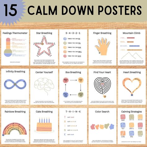 INCLUDES 15 DIFFERENT CALM DOWN MINDFULNESS POSTERS. The perfect addition or focus point to your classroom, calm down corner, therapy room, nursery, playroom, or library.  Included is a 15 page digital file that can easily be printed on standard 8.5'' X 11'' paper. I hope they helps bring extra joy, peace, and comfort to you on your trip around the sun!  🌎 Printable Details ☀️  * Size: 8.5x11 Inches * Instant Download: PDF File will be immediately available ⚠️If you have any questions or need h Calm Down Bulletin Board, Calming Room Ideas High School, Finger Tracing Calming Cards Free, Kindergarten Calm Down Corner, Diy Calming Corner, Peace Corner Classroom Ideas, Calm Down Corner Home, Classroom Calm Down Corner, Calm Down Corner Classroom