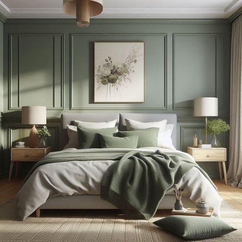 Grey Bed With Green Walls, French Green Color Palette, Green Gold Cream Bedroom, Bedroom Inspirations Green Wall, Sage Green And Beige Bedroom Ideas, Modern Farmhouse Bedroom Green, Bedroom Sage Green Accent Wall, Master Bedrooms With Green Accent Wall, Neutral Bedroom With Sage Green Accents