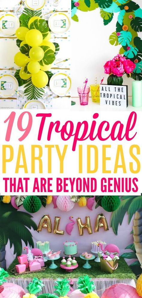 19 Tropical Party Ideas That Are Beyond Genius | How to throw a Tropical Party with these 19 DIY ideas. Have an awesome summer celebrating birthday or just the warm summer weather with bright and colorful tropical party ideas. Choose from flamingoes to pineapples add a modern touch or bring back the retro vibe with these DIY tropical party ideas! This is how you celebrate summer! #tropicalpartyideas #tropical #DIYpartyideas Tropical Party Ideas, Tropisk Fest, Tropical Theme Party, Celebrating Birthday, Tropical Birthday Party, Tropical Party Decorations, Flamingo Birthday Party, Luau Birthday Party, Hawaiian Birthday Party