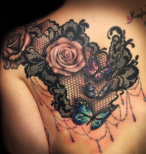 Rose Shoulder Tattoo Ideas with Black Henna Lace Chandelier at MyBodiArt.com - Floral Flower Tatt Plus Size Shoulder Tattoo, Woman’s Back Tattoo Ideas, Lace Shoulder Tattoo, Parlor Decor, Lace Tattoos, Lace Tattoo Design, Rose Shoulder Tattoo, Tattoo Shoulder, Wonderland Tattoo