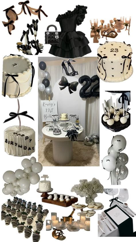 Black and white bow Black And White Party Decorations Diy, Black And White Themed Sweet 16, Coquette Black And White Party, White And Black Bow Party, Black Tie Bday Party, Black And White Bow Party Theme, Black And White Bow Birthday Theme, Black And White Bow Theme Party, Black And White Bday Party Ideas