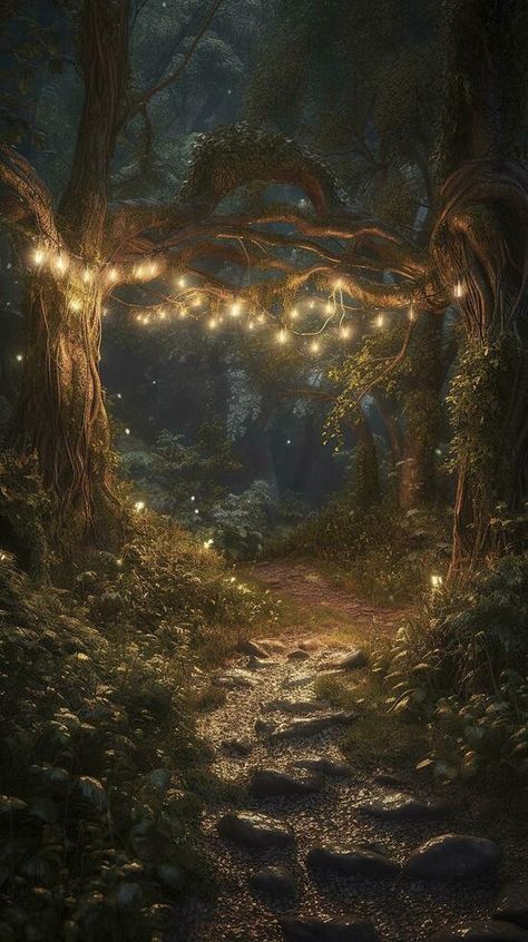 Fantasy Places Mystic Magical Forest, Fairy Lights Forest, Fantasy Garden Art, Fairy Garden Aesthetic, Enchanted Forest Aesthetic, Fairy Tale Landscape, Scenery Night, Mysterious Background, Fairy Trees