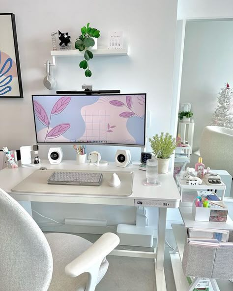 White Desk Setup, Home Office White, Amazon Decor Finds, Desk For Home Office, Gaming Desk Setup, Cozy Desk, Affordable Aesthetic, Electric Standing Desk, Desk Inspiration