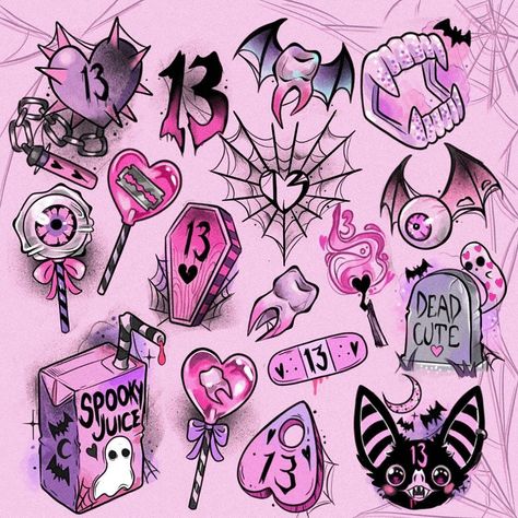 All Posts • Instagram Spooky Girly Tattoos, Cute Halloween Flash Tattoo, Friday 13th Tattoo Flash, Cute Goth Tattoo, Friday 13 Tattoo Ideas, Friday The 13th Tattoo Flash, Friday The 13th Flash, Cute Halloween Stickers, Printable Tattoos