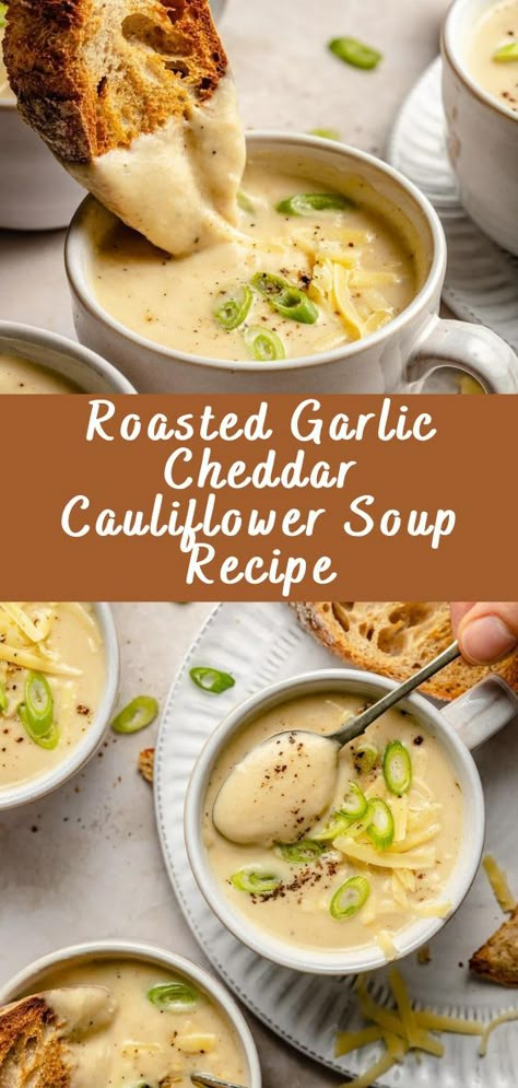 Roasted Garlic Cheddar Cauliflower Soup Recipe Warm, creamy, and with a hint of roasted garlic goodness, this Roasted Garlic Cheddar Cauliflower Soup is the ultimate comfort food for chilly days. It’s a flavorful and satisfying soup that combines the richness of cheddar cheese with the earthy notes of cauliflower, making it the perfect dish to […] The post Roasted Garlic Che... Roasted Garlic Cauliflower Cheddar Soup, Cauliflower Cheddar Soup Recipes, Cauliflower Garlic Soup Recipes, Keto Garlic Soup, Roasted Cheddar Cauliflower Soup, Roasted Broccoli Garlic Cheddar Soup, Cheddar Cauliflower And Garlic Soup, Cauliflower Cheese Soup Recipes, Garlic Cheddar Cauliflower Soup