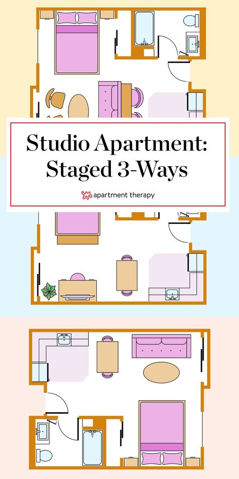 How you choose to arrange your furniture has a huge impact on the feel of your space. In a studio apartment where every single square foot counts—here are 3 ways to lay out your small space. #studio #studioapartment #smallspace #studiolayout #studioapartmentideas #layoutideas #smalllivingroom #smallbedroom Small Space Studio, Apartment Layout Ideas, Garage Studio Apartment, Studio Apartment Furniture, Studio Apartment Floor Plans, Studio Floor Plans, Tiny Studio Apartments, A Studio Apartment, Furniture Apartment