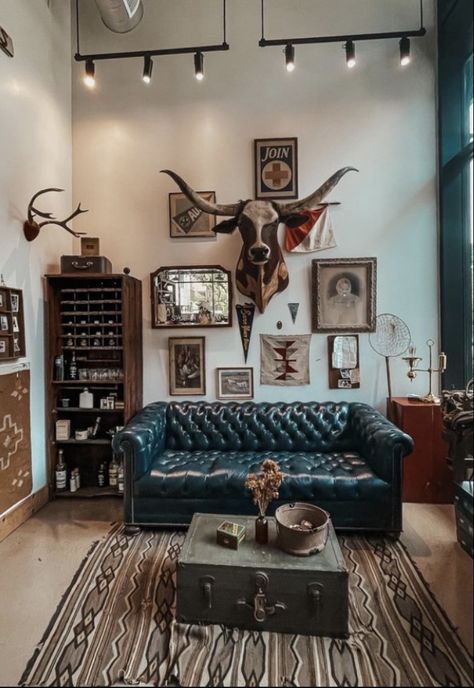 Chelsea Houska Living Room, Cowboy House Decor Rustic, Western Vintage Living Room, Cowboy Theme Living Room, Cowboy Aesthetic House, Dark Country Decor, Eclectic Western Living Room, Western Boho Office Decor Ideas, Western Small Living Room