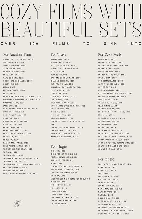 Over 100 movies to escape through if you're in need of inspiration or comfort. Movies To Sleep To, New York Movies List, Movie Night Recommendations, Inspirational Movies To Watch List, Calm Movies To Watch, Classic Films To Watch, Feelgood Movie List, Relaxing Movies To Watch, Beautiful Movies To Watch