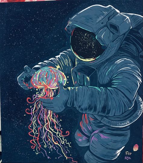 Space And Sea Art, Neon Space Painting, Space Art Astronaut, Space And Ocean Art, Cool Space Paintings, Space Inspired Art, Simple Space Art, Out Of This World Art, Paintings Of Space