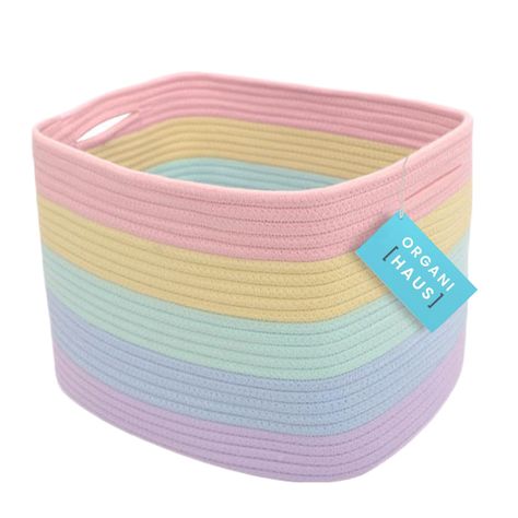 PRICES MAY VARY. ⭐️ All-Purpose Rainbow Storage Baskets – These 15” x 10” x 9” rainbow rope baskets for organizing are ideal for keeping your everyday home life more organized and provide plenty of compact storage space for arts and crafts, rainbow classroom decor, kid’s toys, or nursery room accessories ⭐Premium Cotton Rope Weave – These beautiful rainbow toy baskets are woven with high-quality, all-natural cotton to give them the right balance of softness and durability. This makes them great Pastel Rainbow Room, Pastel Classroom Decor, Room Decor Pastel, Rainbow Room Decor, Storage Baskets For Shelves, Pastel Classroom, Rope Rainbow, Toy Baskets, Rainbow Room Kids