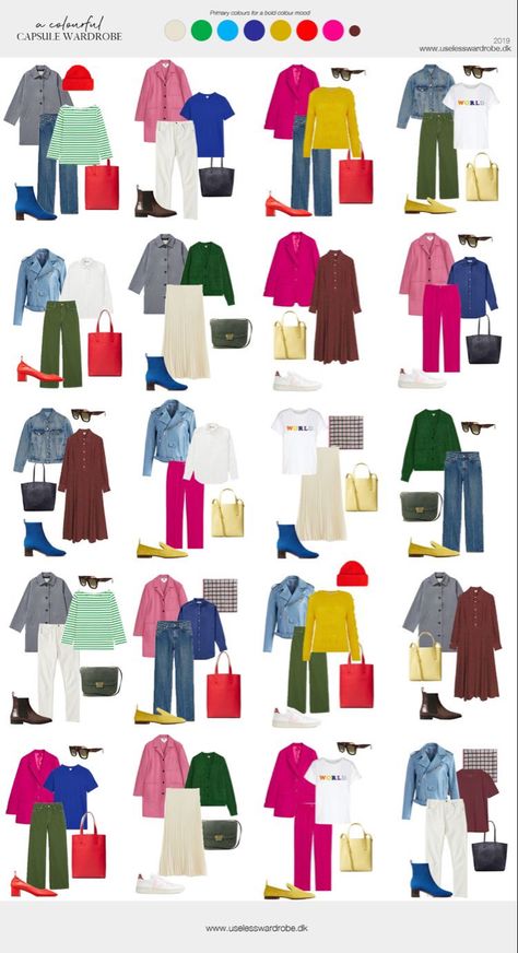 Moda Colorful Work Capsule Wardrobe, Spring Capsule Wardrobe 2024 Colorful, Summer Work Travel Capsule, Bold Color Combinations Outfit, Spring Coloured Outfits, Cool Color Capsule Wardrobe, Bright Spring Fall Wardrobe, Lagenlook Capsule Wardrobe, Monochromatic Outfit With Pop Of Color