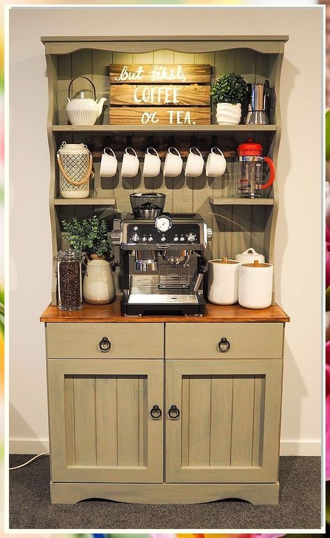 Looking to create a cozy coffee nook at home? Check out these 9 home coffee bar ideas to transform your space into a stylish and functional area for your daily caffeine fix. From minimalist designs to rustic setups, find inspiration to elevate your coffee game at home. Farmhouse Coffee Bar Cabinets, Coffee Tea Bar Hutch, Coffee Bar Upcycle, Kitchen Dresser Coffee Station, Kitchen Hutch Coffee Bar, Dresser Coffee Station, Coffee Hutch Diy, Dresser Into Coffee Bar, Coffee Station Hutch