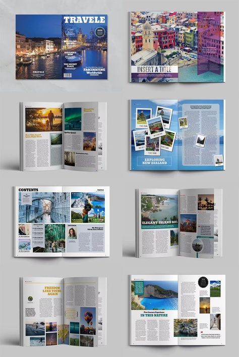 Traveling Magazine Template INDD, IDML. 26 pages. Travel Magazine Design, Travel Guide Book Design, Magazine Page Design, Travel Magazine Layout, Magazine Page Layouts, Itinerary Design, Layout Magazine, Indesign Magazine, 잡지 레이아웃