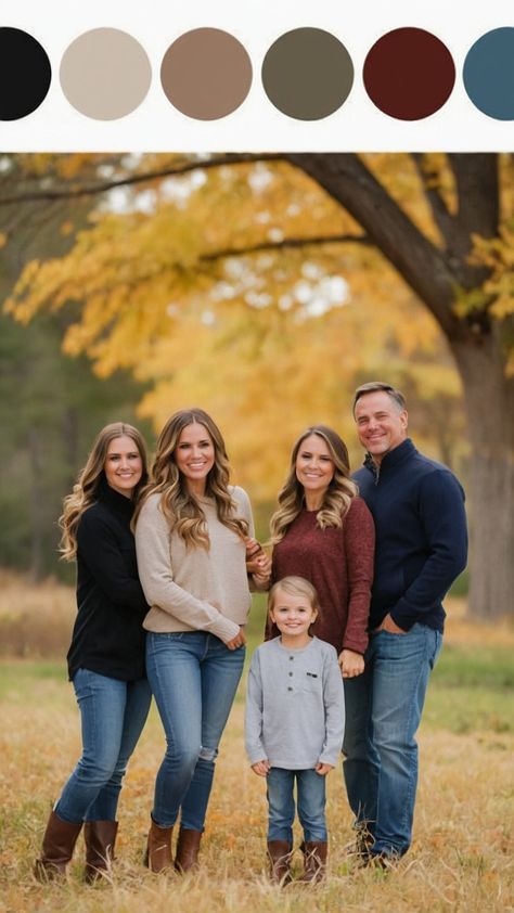 Looking for the perfect fall family picture outfit ideas in 2024 Check out these casual and cozy suggestions for your outdoor photoshoot From classic denim and black to trendy olive green and neutral tones we have plenty of stylish options for everyone Mom's best mustard yellow accessories will add a pop of color to your family ensemble Schedule your session now for picture-perfect memories November Family Pictures Color Scheme, Navy And Olive Green Family Pictures, 2024 Fall Family Pictures, Color Scheme Fall Family Pictures, Matching Outfits For Family Pictures, Outfits For Portraits, What To Wear For Family Pictures Fall, Colors To Wear For Fall Family Pictures, Family Photo Outfits Fall Jeans