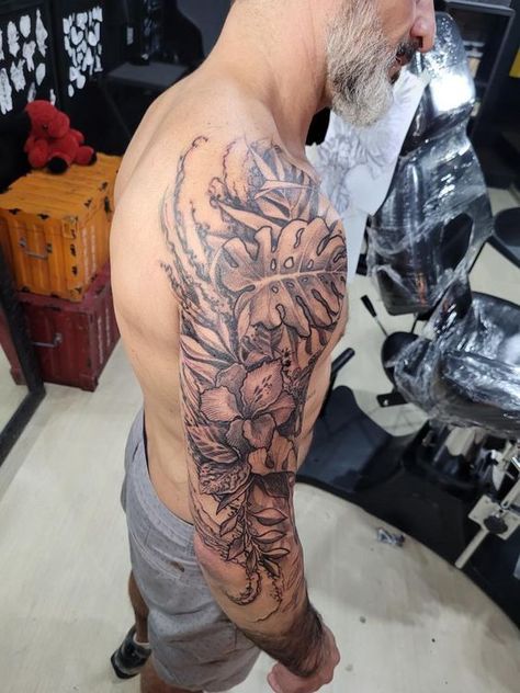 Tattoo Sleeve Men Realism, Masculine Floral Tattoo, Oliver Tattoo, Coqui Tattoo, Flower Tattoo Sleeve Men, Neck Tats, Collage Tattoo, Chest Tattoo Drawings, Men Flower Tattoo