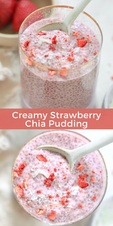 Creamy Strawberry Chia Pudding bursting with strawberry flavor thanks to blended fresh strawberries, almond milk, and strawberry Greek yogurt. Sweetened with a kiss of maple syrup and vanilla, this high fiber blend makes an amazing nourishing snack or filling breakfast! Overnight Keto Chia Pudding, Fresh Strawberry Breakfast Recipes, Cherry Chia Seed Pudding, Chia Vanilla Pudding, Low Fodmap Chia Pudding, Strawberries And Greek Yogurt, Keto Fiber Foods, Chia Seeds Yogurt Recipe, Keto Overnight Oats Chia Pudding