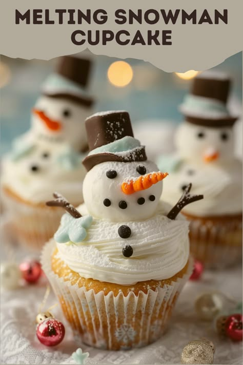 Bring a touch of whimsy to your winter gatherings with these adorable melting snowman cupcakes. Fluffy vanilla cupcakes topped with creamy frosting and decorated to look like melting snowmen. A fun and festive treat! Snowmen Cupcakes Christmas, Nailed It Cupcakes Challenge, Melted Snowman Cupcakes, Melting Snowman Cupcakes, Christmas Cupcake Ideas Easy, Snowman Cupcakes Ideas, Easy Christmas Cupcake Decorating Ideas, Winter Cupcakes Decorating, Winter Themed Cupcakes