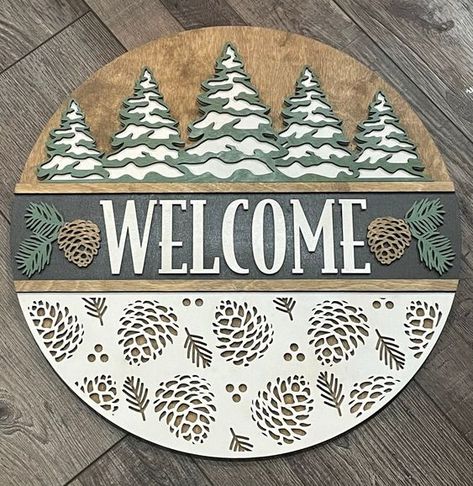 Laser Cut Christmas Ideas Winter Door Rounds, Christmas Wood Crafts Diy Wooden Signs, Door Round Signs, Unique Door Hangers, Laser Cut Door Hanger, Holiday Door Signs, Winter Door Signs, Winter Signs Wooden, Laser Cut Wood Projects