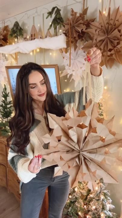 Ashley Hughes on TikTok Decorating With Paper Snowflakes, Brown Paper Snowflakes, Brown Paper Christmas Decorations, Brown Bag Snowflake, Brown Paper Bag Snowflakes, Lunch Bag Snowflakes, Giant Paper Snowflakes, Brown Paper Bag Crafts, Yule Party