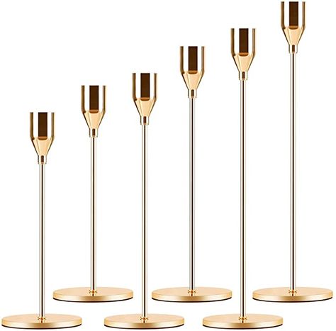 Amazon.com: Candle Holder 6 in 1 Set Candlestick Holders Fits 3/4 inch Thick Taper Candle&Led Candles for Wedding,Dining,Party,Home Decoration(6, Gold) : Home & Kitchen Candlestick Centerpiece Wedding, Christmas Table Scape, Gold Taper Candle Holders, Gold Taper Candles, Led Taper Candles, Candle Modern, Rococo Furniture, Candle Sticks Wedding, Wedding Dining