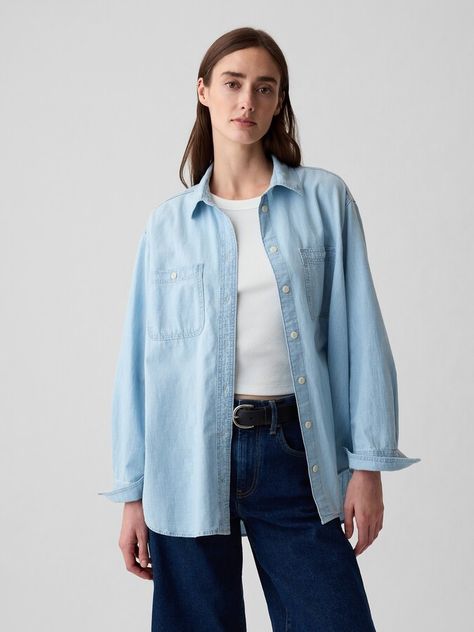 Chambray Denim Big Shirt Denim Top Women, Fitted Denim Shirt, Chambray Denim Shirt, Women Shirt Top, Pleated Shirt, Big Shirt, Denim Button Down, Denim Cotton, Chambray Shirt