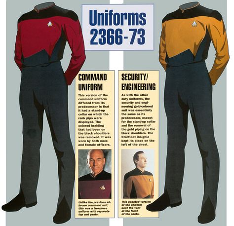 Star Trek Next Generation uniforms season 2 - full article at http://www.ex-astris-scientia.org/inconsistencies/uniforms1.htm Star Trek Outfits, Star Trek Next Generation, Star Trek Rpg, Star Trek Data, Star Trek Costume, Security Uniforms, Star Trek Uniforms, Star Treck, Star Trek Tv