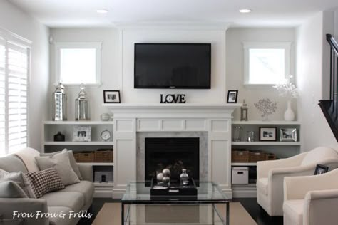 Built In Around Fireplace, Tv Mounted, Living Room Built Ins, Small Living Room Layout, Fireplace Shelves, Contemporary Living Room Design, Fireplace Built Ins, White Fireplace, Family Room Ideas