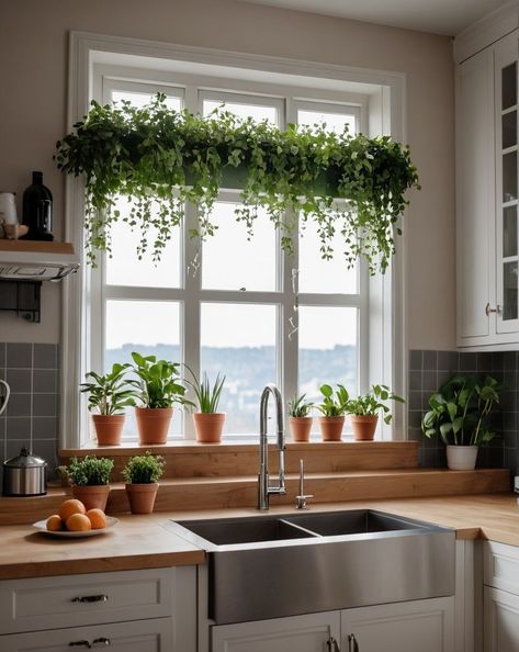 #maximalistdecor #interiordesign #homedecor #decorideas #transformyourspace #colorfulhome #bohemianstyle #eclecticdecor #designinspiration #boredpanda Kitchen Ideas Windows Over Sink, Peekaboo Window In Kitchen, Window With Hanging Plants, Plant Decor Window, Plants By Window Indoor, Bathroom Window Plant Shelf, Plants Kitchen Decor, Kitchen Window Plant Shelves, Kitchen Sink Window Plants