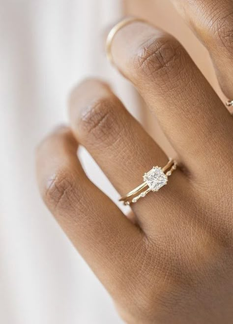 Dainty Classy Engagement Ring, Good Wedding Ring Simple, Wedding Ring Inspo Simple, Minimalist Engagement And Wedding Ring, Simple Diamond Engagement Rings Gold, Wedding Band Square Engagement Ring, Small And Dainty Engagement Rings, Good Square Engagement Ring, Sarahs Day Wedding Ring