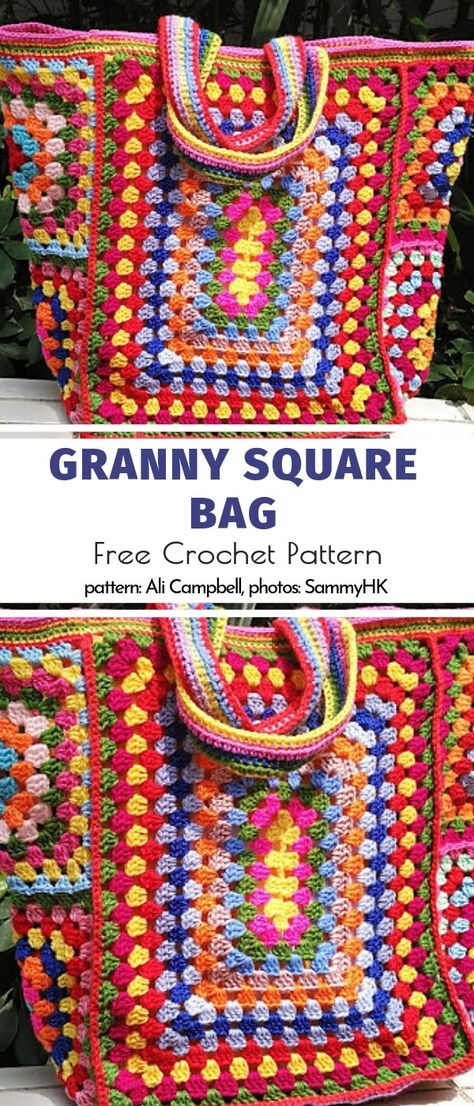 Granny Square Bag Free Crochet Pattern Large Crochet Bag Pattern Free, Crochet Large Granny Square, Bag Free Crochet Pattern, Sac Granny Square, Womens Crochet Patterns, Bead Crochet Patterns, Crochet Bag Pattern Free, Granny Square Bag, Bag Pattern Free