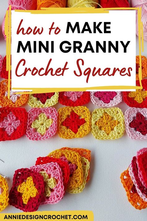 Crochet For Scrap Yarn, Tiny Crochet Granny Squares, Embroidery Floss Crochet Granny Squares, Miniature Granny Square Pattern, Crochet Mini Squares Pattern, Granys Crochet Squares Easy, Small Granny Square Tutorial, Embroidery Floss Granny Square, Mini Granny Squares Pattern