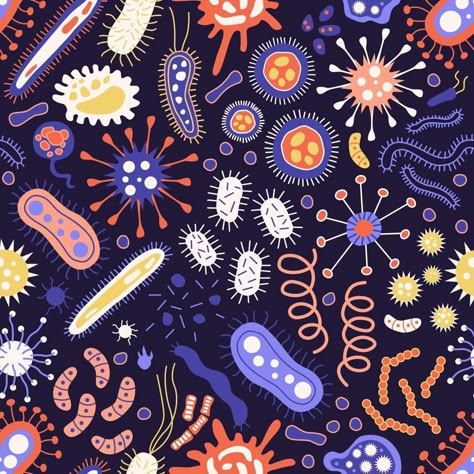 Seamless pattern Bundle of infectious microorganisms. Cartoon infectious germs, protests, microbes. A bunch of diseases that cause bacteria, viruses Bacteria Cartoon, Vector Symbols, Biology Art, Microscopic Images, Anime Toon, Bio Art, Paper Flower Decor, Art Case, Cartoon Background