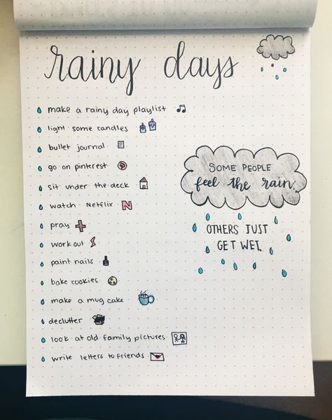 bullet journal— things to do on rainy days Rainy Day Tips, Drawing Ideas For Rainy Days, Rainy Journal Ideas, Things To Do On Lazy Days, Cozy Things To Do On A Rainy Day, Rain Doodles Rainy Days, Rainy Day Journal Ideas, Things To Do In A Rainy Day, Things To Do In Rainy Days