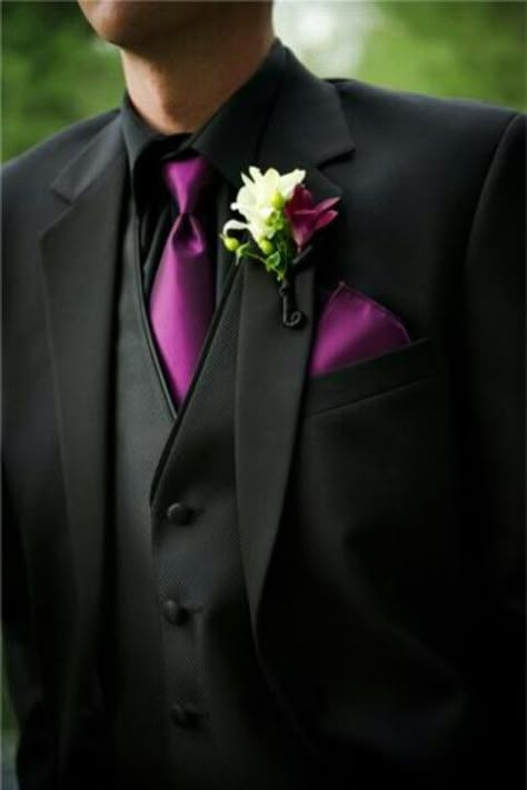 winter-black shirt and vest, plum tie, jacket for the ceremony only Gothic Wedding Theme, Wedding Tux, Tuxedo Wedding, Groom Wear, Purple Tie, Groomsmen Attire, Gothic Wedding, Black Suit, Wedding Suits Men