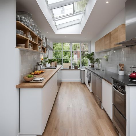 Kitchen Inspiration with Skylight ✨ This kitchen is bathed in beautiful natural light from the skylight above the counter. The light wood cabinets and countertops create a warm and inviting space, while the stainless steel appliances add a touch of modern elegance. What's your favorite feature of this kitchen? Let us know in the comments! Kitchen With Stone Backsplash, Red Brick Backsplash, Wood Kitchen Countertops, Rustic Wood Kitchen, Reclaimed Wood Countertop, Kitchen With Stone, Wood Countertops Kitchen, Skylight Kitchen, Reclaimed Wood Kitchen