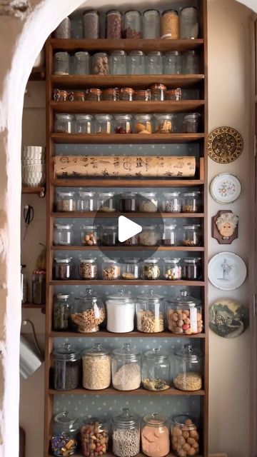 DIY, Interior Design & Antiques | Johanna on Instagram: "If you have a useless wall in your pantry or kitchen, build a shallow shelving unit to store glass jars! It is affordable and easy to build. I also added a kraft paper roll dispenser which I use frequently.  • shelf depth 5.5 inch • fits all mason jars • fits IKEA Vardagen 1.9l jars • fits all Anchor Hocking jars except large one . . . #pantryorganization #pantrydesign #kitchendesignideas #kitcheninspiration #cottagekitchen #glassjars #apothecary #canningjars #glasscontainers" Mason Jar Wall Organizer, Mason Jar Pantry Storage, Mason Jar Storage Ideas, Ikea Vardagen, Mason Jar Shelf, Paper Roll Dispenser, Glass Jars Kitchen, Ikea Pantry, Mason Jar Herbs