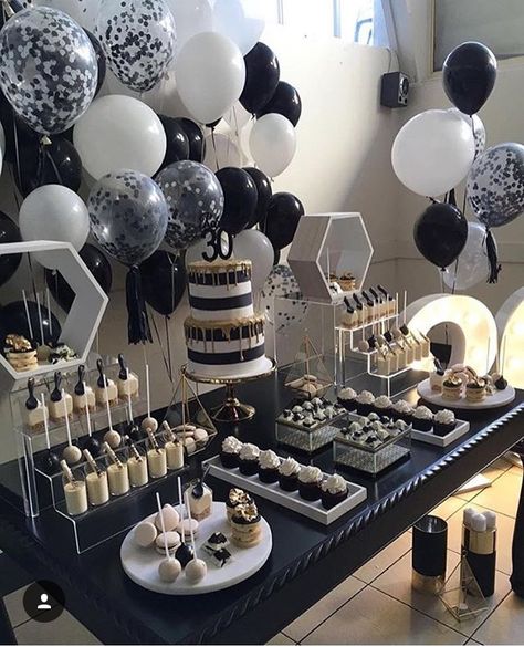 Black And Silver Birthday Table Decor, 18th Birthday Party Snack Table, Straight Outta My Twenties Party Decor, 30th Birthday Party At Home, 30th Birthday Snack Table, Dessert Table Ideas Birthday Men, Party Favor Table Ideas, Male 60th Birthday Party Ideas For Men, Snack Table Ideas Party Adults