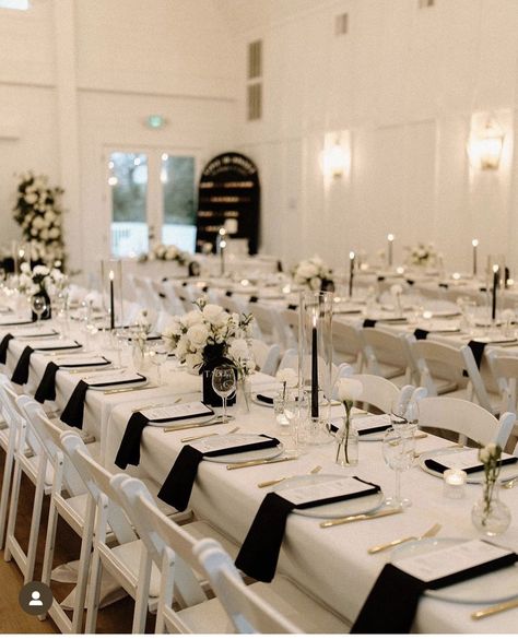 Monochrome Wedding Table Setting, Minimalist Black Wedding Decor, Black And White Long Table Setting, Black And Cream Table Setting, Wedding White Tablecloth Black Napkins, White Tables With Black Chairs Wedding, Ivory Tablecloth With Black Napkins Wedding, Black And White Formal Decorations, Black And White Wedding Rectangle Table