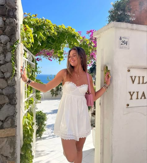 White dress, white corset dress, summer aesthetics, European Greece, greece outfit White Dress Europe, European Summer Outfits Dresses, European Outfits Aesthetic, Greece White Dress, Greece Outfit Ideas Midsize, Greece Evening Outfit, Greece Pose Ideas, Portofino Italy Outfit, Dresses For Greece