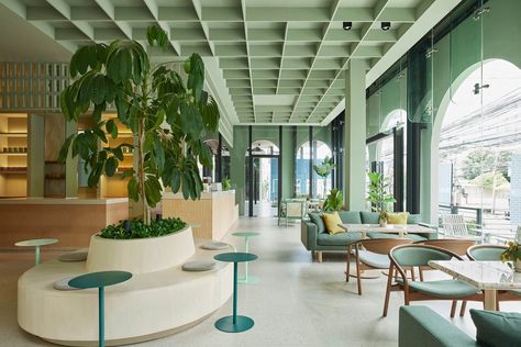 A Tranquil Cafe in Downtown Bangkok — Design Anthology Office Cafeteria Design, Indoor Landscaping, Office Cafeteria, Cafeteria Design, Green Cafe, Design Anthology, Planter Bench, Traditional Paint, Glazed Ceramic Tile