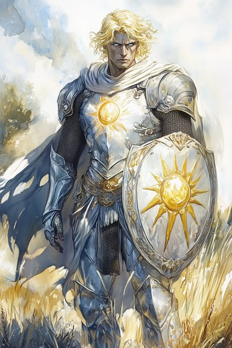 Orynus Jalarith stands tall with a muscular frame and a radiant, golden skin that seems to reflect light. His hair flows like molten gold, cascading past his shoulders and glinting in shades of yellow and orange. His eyes are a bright, piercing sapphire, surrounded by a faint halo that shimmers with ethereal energy. Clad in polished silver armor, a large shield emblazoned with a radiant sun motif... Sun Armor Fantasy Art, Orange Hair Character Design Male, Gold Character Art, Aasimar Dnd Art, Bright Fantasy Art, Aasimar Art, Sun Armor, Paladin Character Art, Celestial Armor