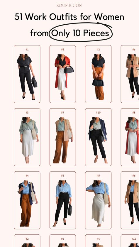 51 Work Outfits for Women from ONLY 10 pieces 10 Piece Capsule Wardrobe, Corporate Wardrobe, Workwear Chic, What To Wear To Work, Corporate Job, Capsule Wardrobe Work, First Day Of Work, Capsule Wardrobe Outfits, Corporate Outfits