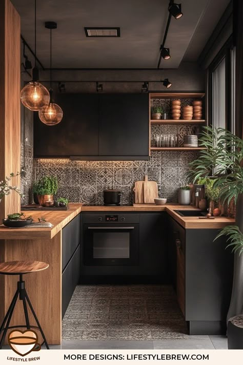 Black Industrial Kitchen, Industrial Decor Kitchen, Modern Industrial Kitchen, Kitchen Colour Combination, Industrial Style Interior, Modern Industrial Decor, Industrial Kitchen Design, Urban Kitchen, Industrial Style Kitchen