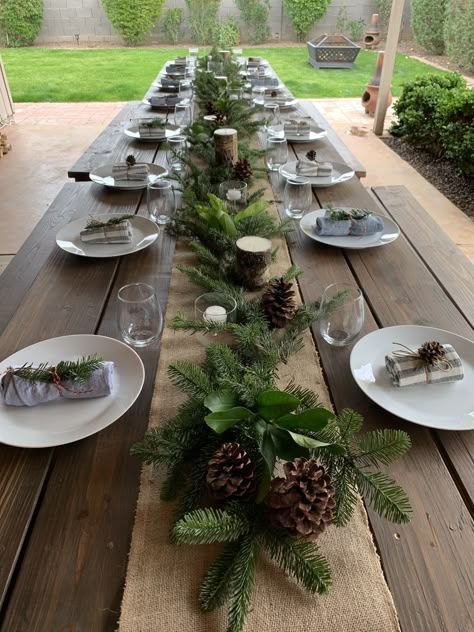 Evergreen Christmas Table Decor, Pine Wedding Table Decor, Christmas Wedding Rehearsal Dinner Ideas, Pine Tree Table Decorations, Simple Rustic Christmas Table Decor, Spruce Wedding Decorations, Long Table Christmas Decor, Winter Dinner Decor, Pine Table Decor