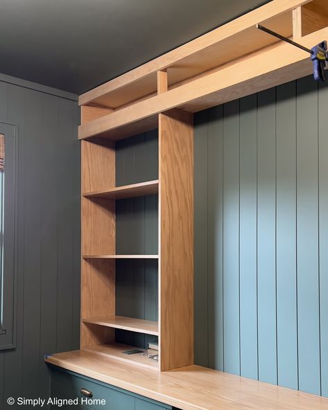 DIY Office Built In Desk with Shelving Desk With Upper Cabinets, Shelves That Sit On Desk, Den With Office Space, Built In Desk Plans, Narrow Office Built Ins, Built In Bookshelves With Desk Office, Diy Wall Unit With Desk, Diy Builtin Bookcase And Desk, Built In Desk Bookcase